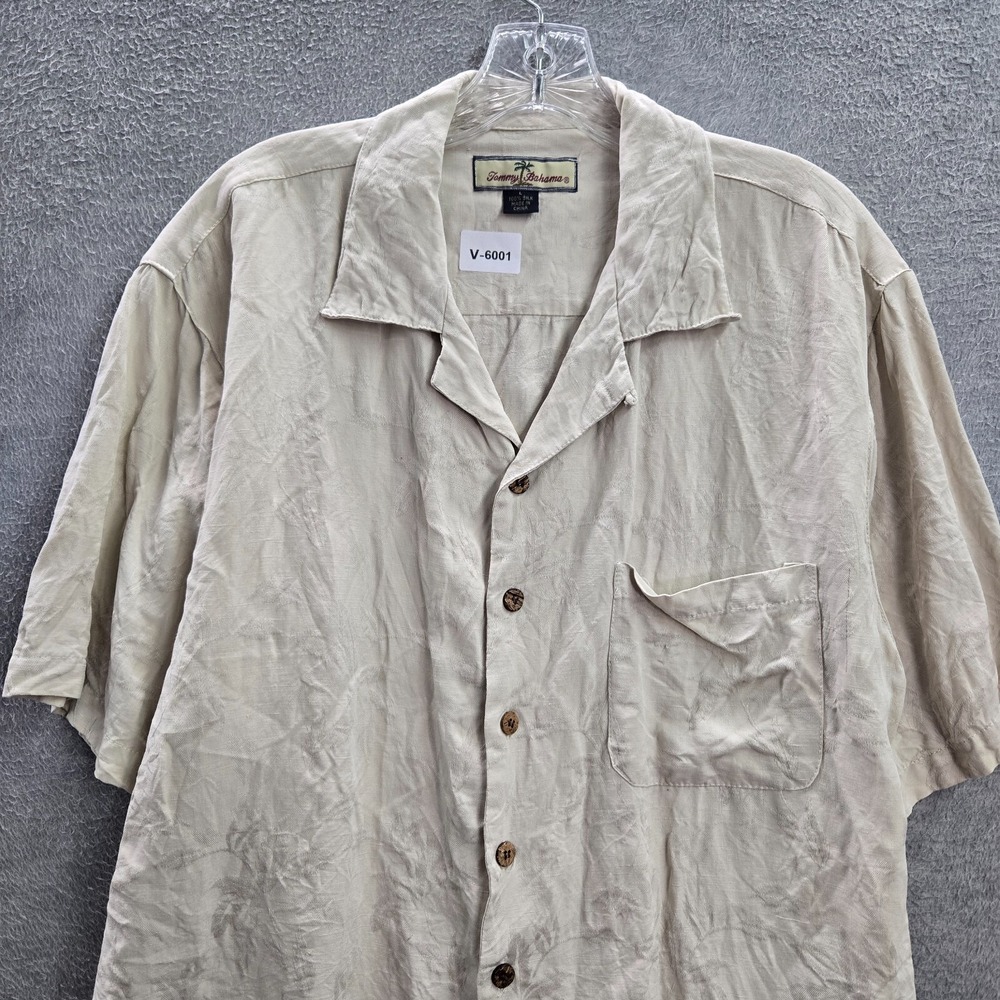 Tommy Bahama Men Button Up Shirt Large Beige 100% Silk Textured Palm Tree Collar - Picture 3 of 9